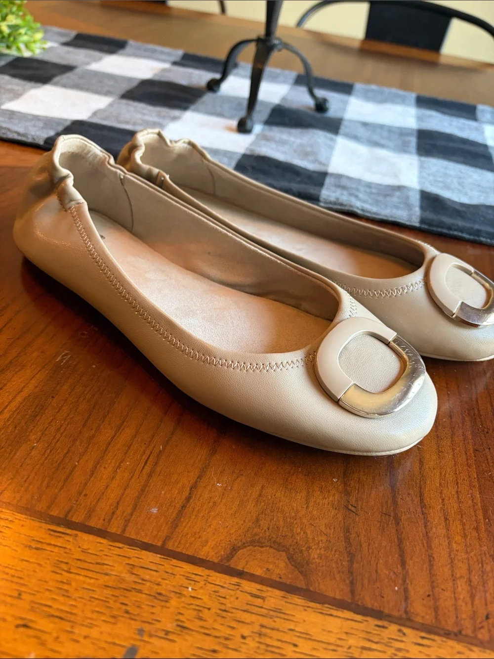 Bandolino Nude Leather Ballet Flats with Silver Buckle